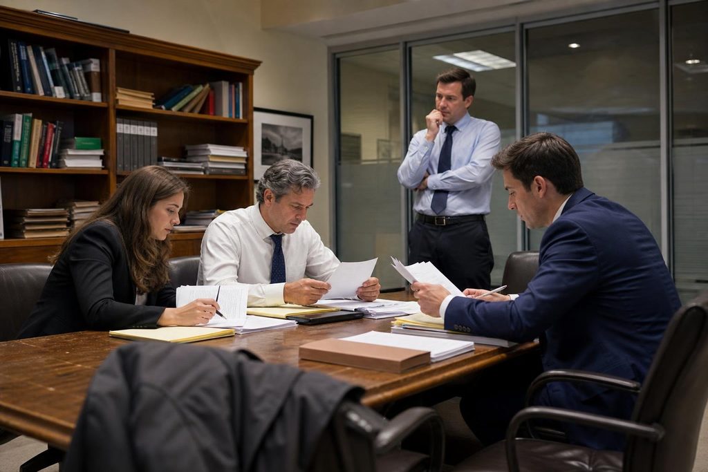 Legal professionals reviewing printed files and financial papers in a working law office.
