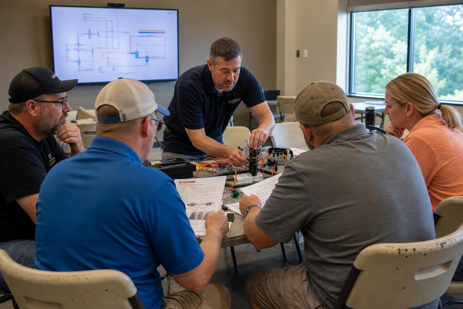 Consultant leading a hands-on technology workshop with professionals reviewing process materials.