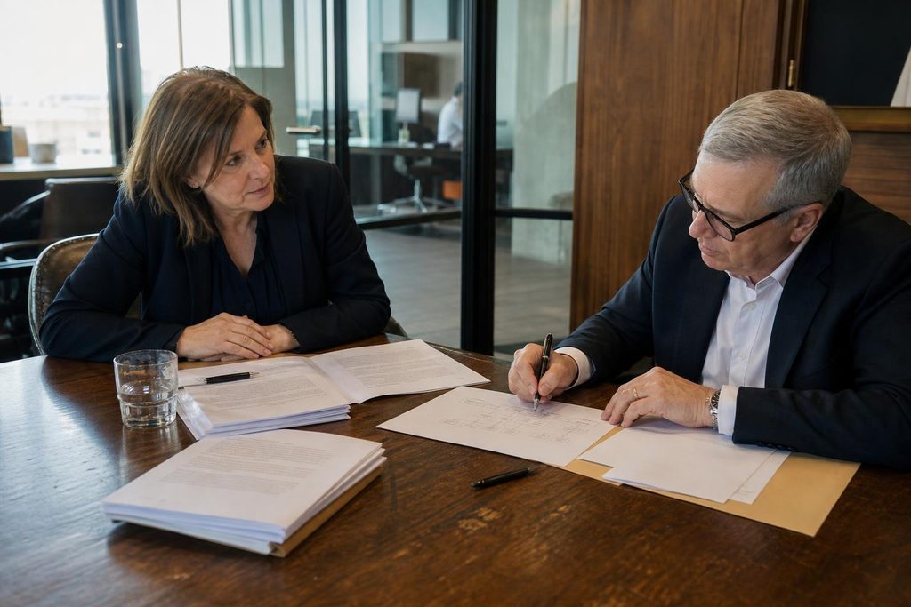 Two senior leaders reviewing transaction papers and an organizational diagram during a governance discussion.