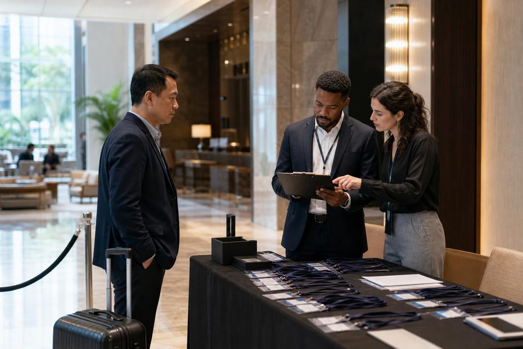 Conference registration desk where staff reviews a list while an attendee waits, illustrating how access decisions can strain a client relationship.