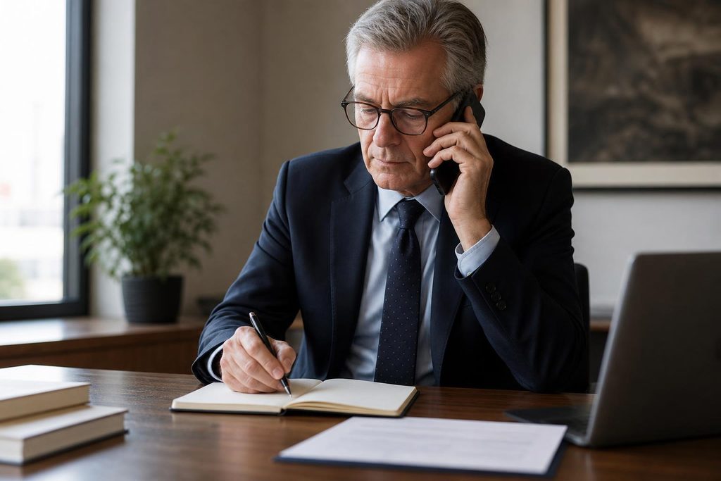 Senior professional making a recovery call after a strained client communication, emphasizing leadership accountability.