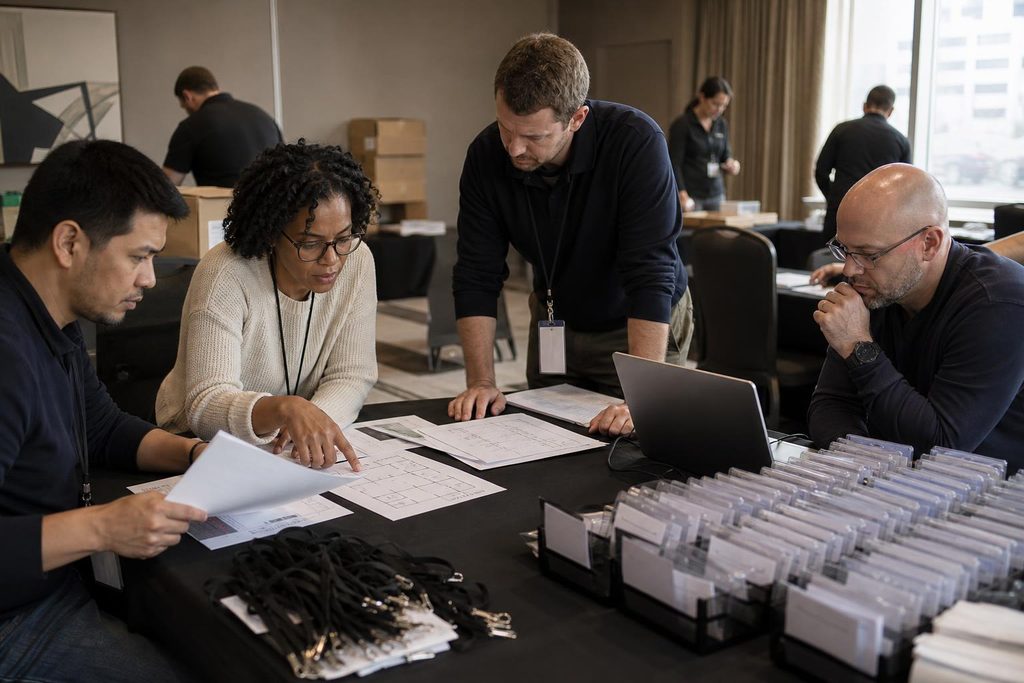 Event operations team reviewing registration materials, showing how internal handoffs affect client trust.