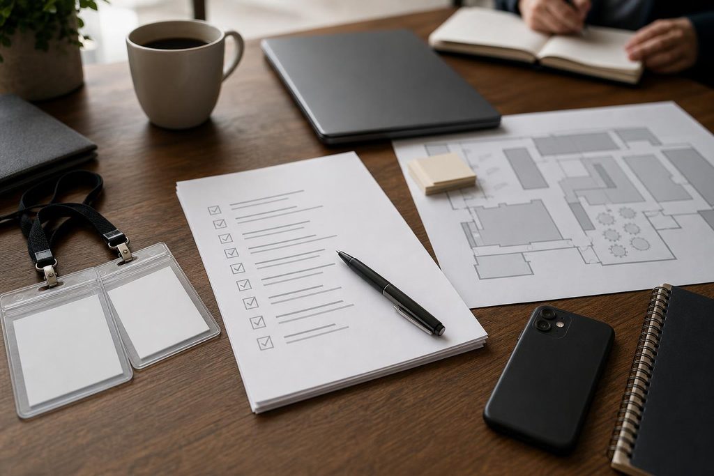 Checklist, badge holders, and planning materials showing a careful process for protecting future client relationships.